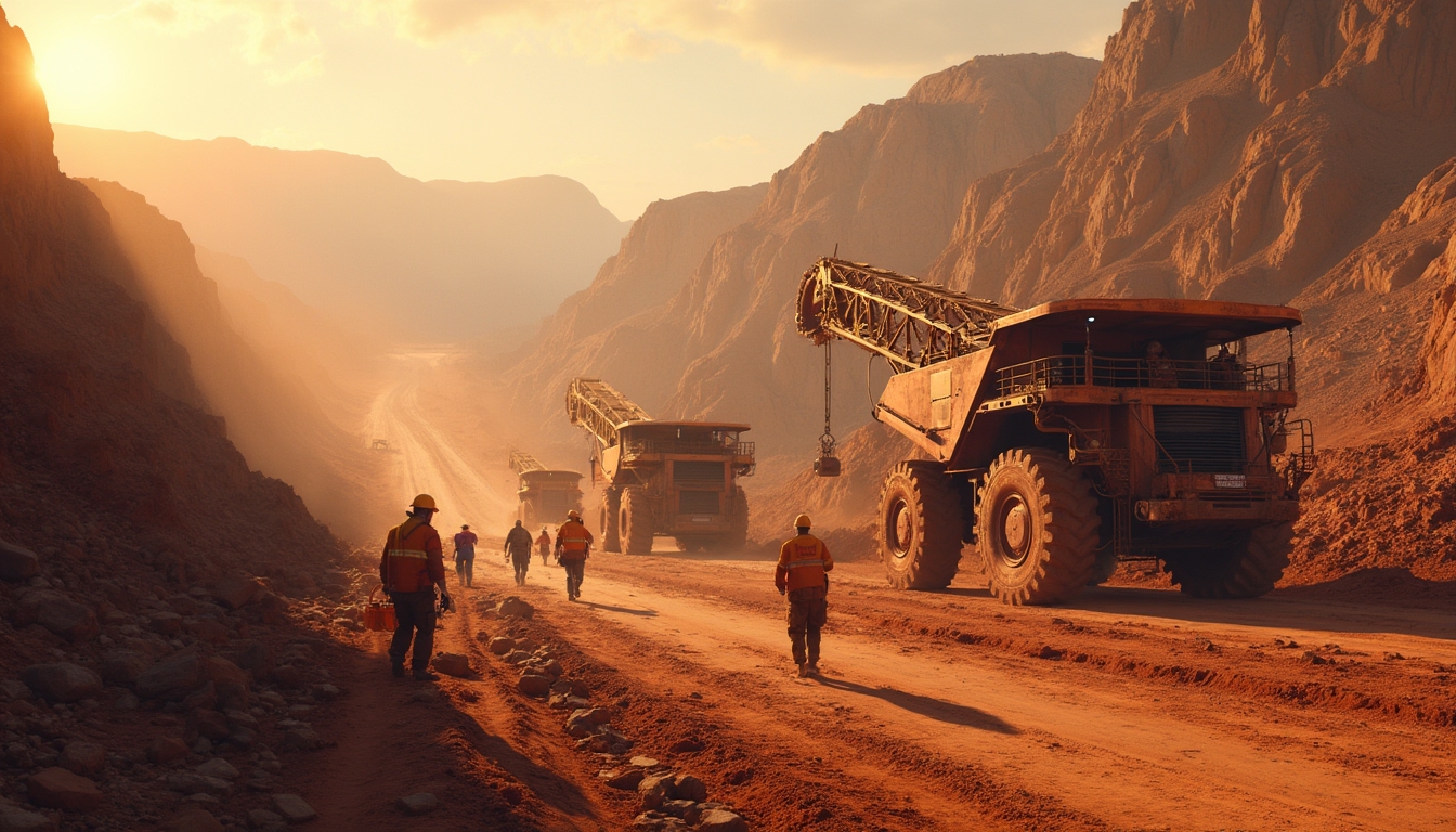 Workers and large trucks in a dusty canyon, illuminated by warm sunlight.