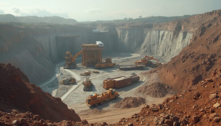 Large open-pit mine with heavy machinery and vehicles on terraced levels under a hazy sky.