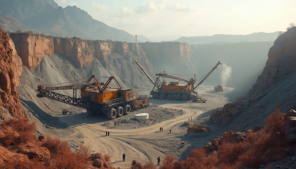 Large mining equipment in a quarry surrounded by steep rocky cliffs and distant mountains.