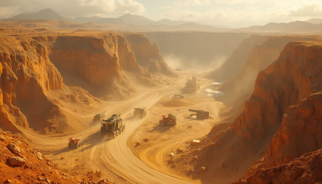 Desert landscape with rugged cliffs, dusty road, and large trucks transporting materials.