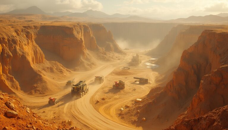 Desert landscape with rugged cliffs, dusty road, and large trucks transporting materials.