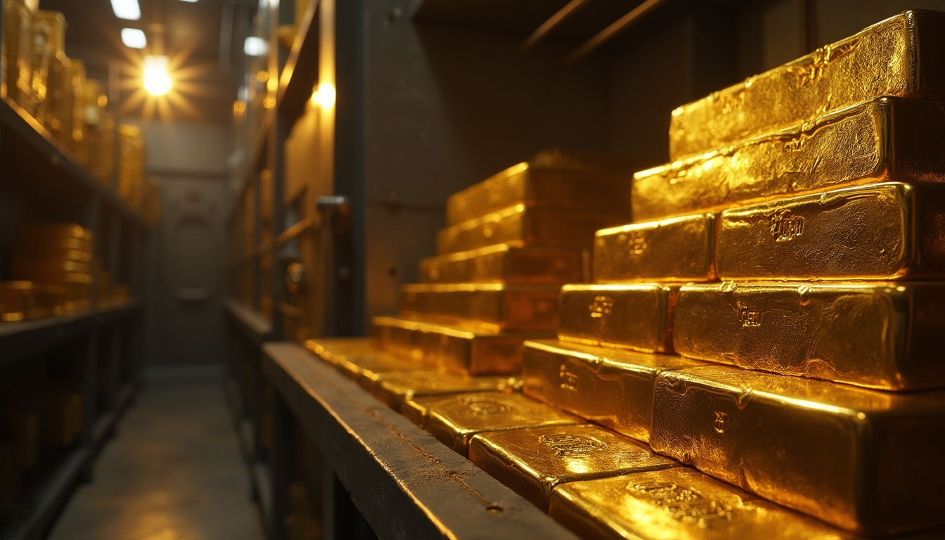 Stacks of gold bars in a dimly lit vault, reflecting a warm glow.