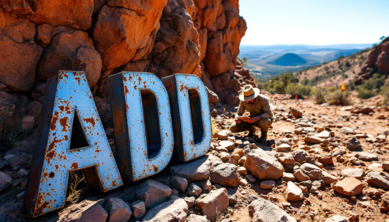 Adavale Resources Ltd-ADD-Rusty metal letters "ADD" near a crouching person in a rocky, desert landscape.