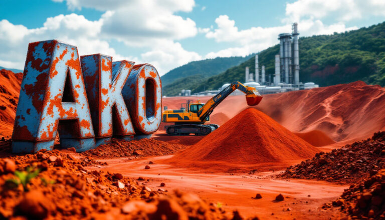 Akora Resources Ltd-AKO-Excavator beside giant rusted letters "AKO" in a red clay landscape with industrial backdrop.