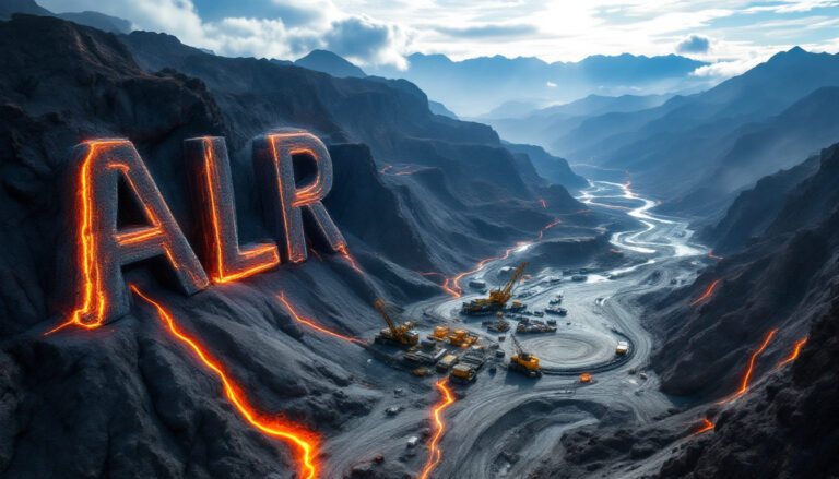 Altair Minerals Ltd-ALR-Mountainous terrain with "ALR" in glowing lava, construction vehicles below, under cloudy skies.