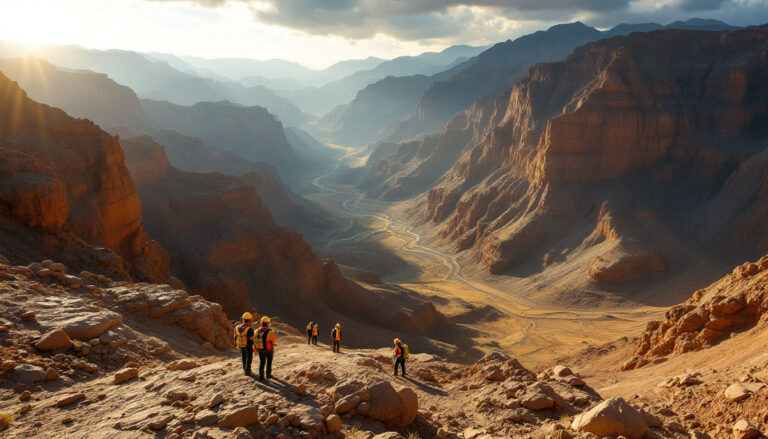 Altair Minerals Ltd-ALR-Hikers in bright gear explore a vast, sunlit canyon with winding riverbed.