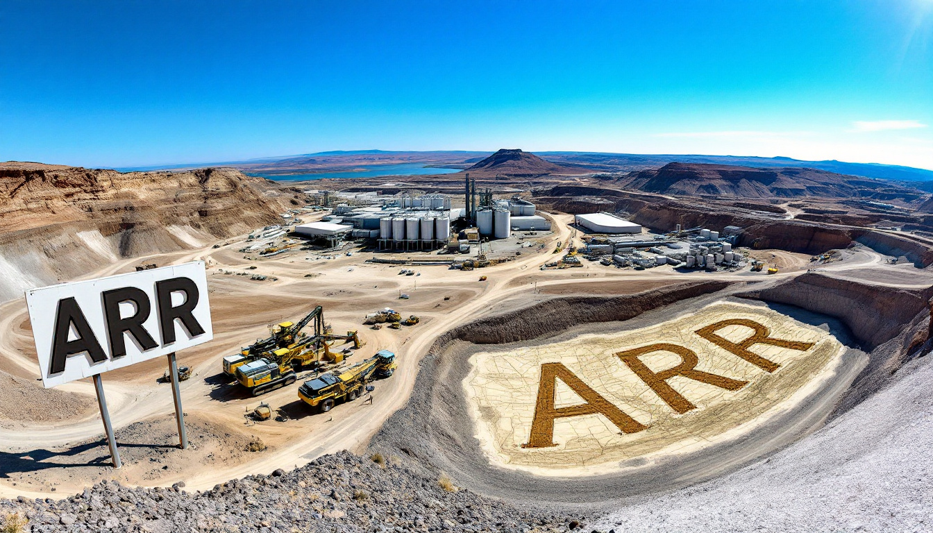 American Rare EARTHS-ARR-Desert landscape with industrial facility and "ARR" carved into the ground and displayed on a sign.