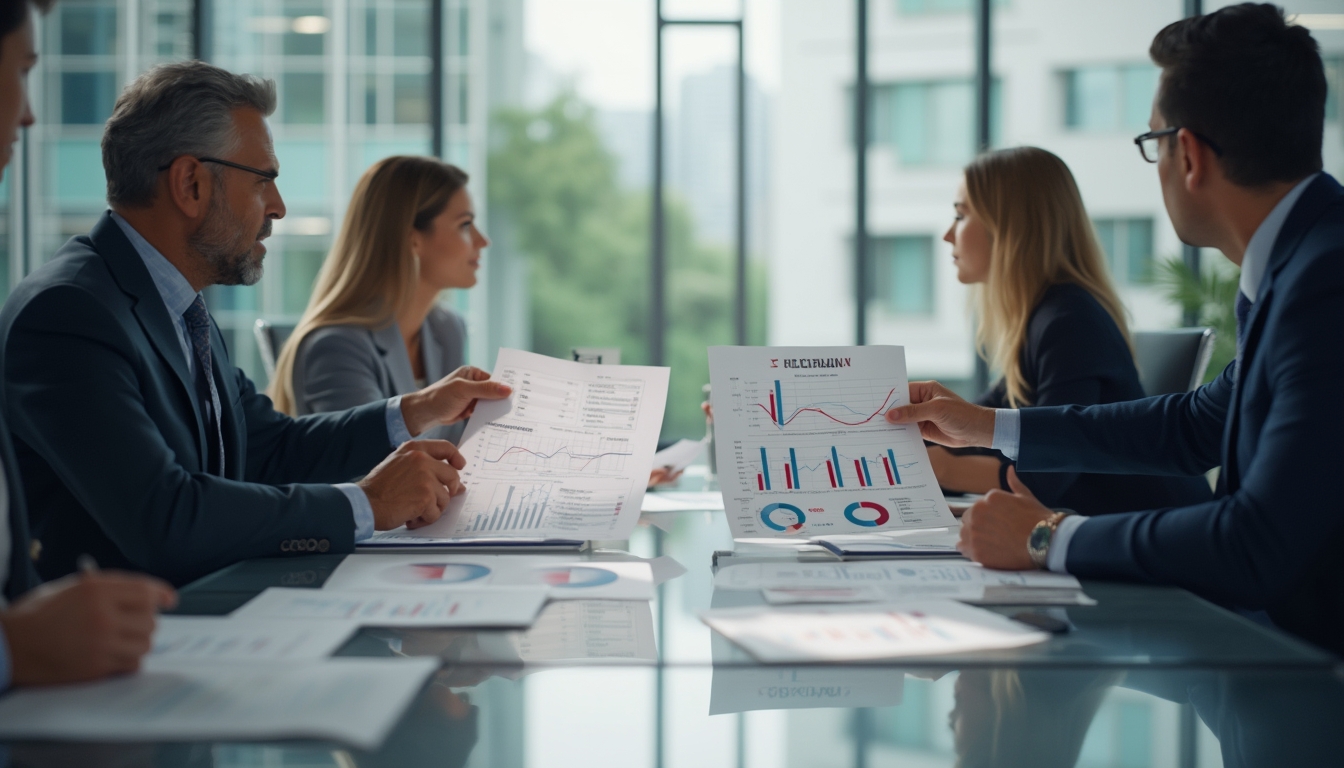 Business meeting with people discussing charts and graphs around a table in a modern office.