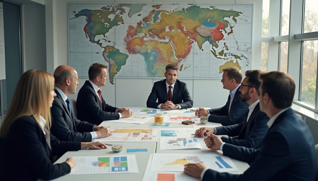 Business meeting with seven people in suits around a table, world map on wall behind.