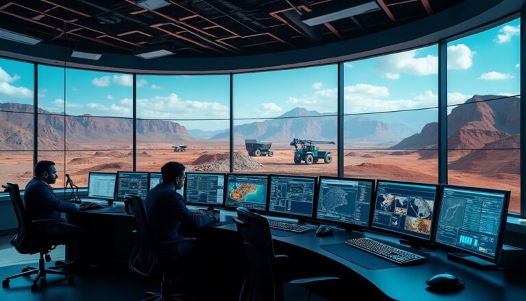 Control room overlooking desert landscape with trucks, with two people working on multiple screens.