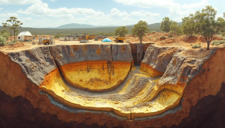 An open pit mine with yellow rock layers, surrounded by equipment and trees under a blue sky.