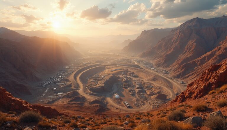 Sunset over a winding desert road through a canyon, surrounded by rugged red mountains.