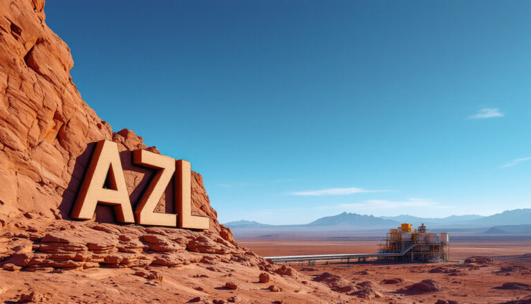 Arizona Lithium Ltd-AZL-Large "AZL" letters on a rocky hill, with an industrial plant and mountain range in the distance.