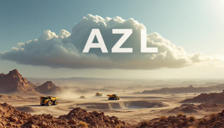 Arizona Lithium Ltd-AZL-Desert mining landscape with heavy trucks and a large cloud. "AZL" text overlays the scene.