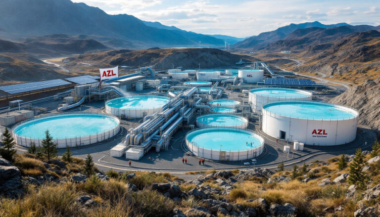 Arizona Lithium Ltd-AZL-A large industrial facility with circular water tanks and mountainous backdrop.