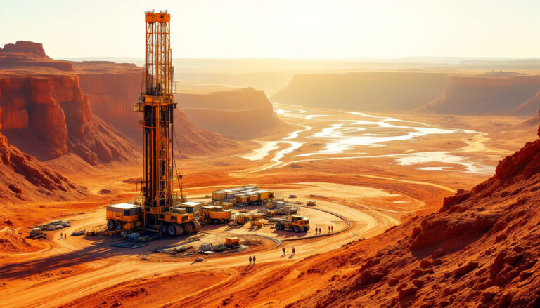 Askari Metals Ltd-AS2-Desert landscape with a tall oil drilling rig and scattered equipment under the warm, golden sunlight.