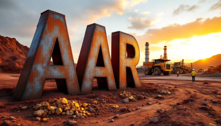 Astral Resources NL-AAR-Rusty "AAR" letters in a construction site at sunset with machinery and workers in the background.