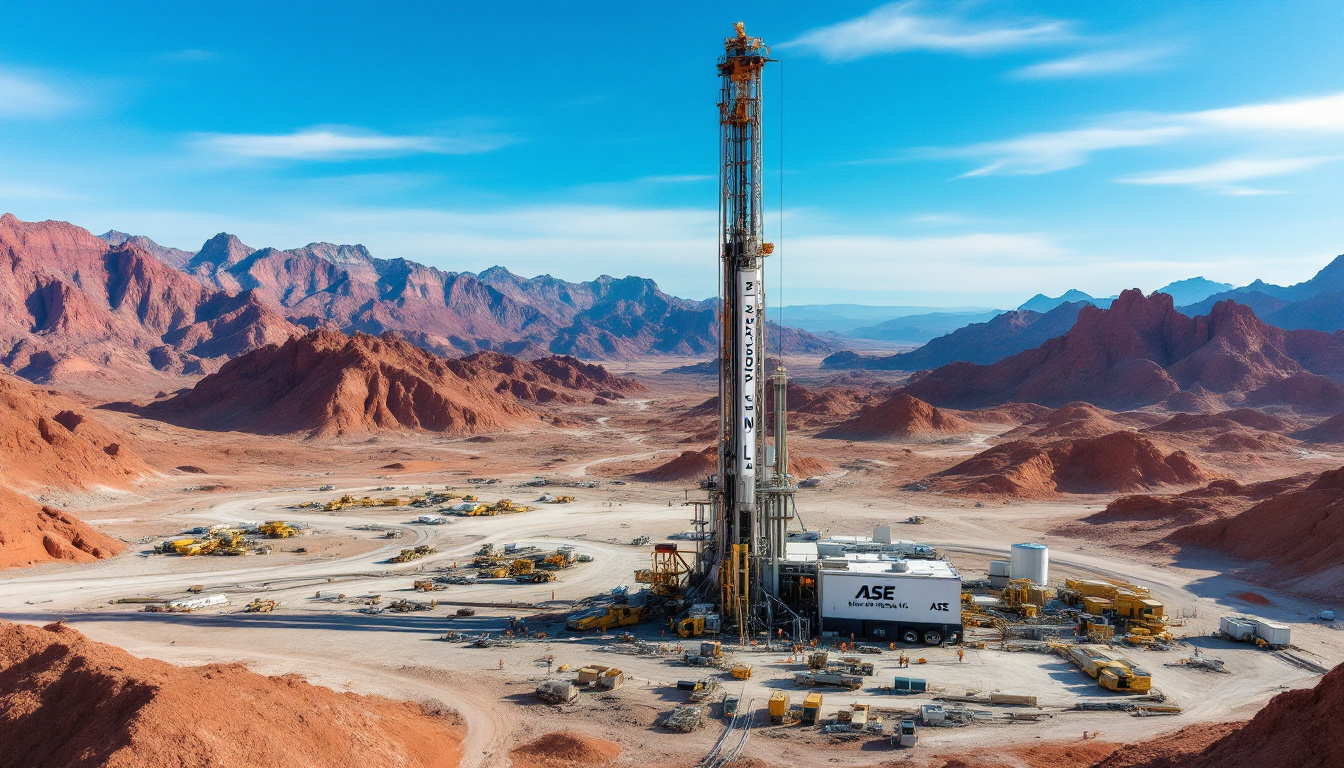 Astute Metals NL-ASE-Drilling rig in a desert landscape with red mountains under a clear blue sky.