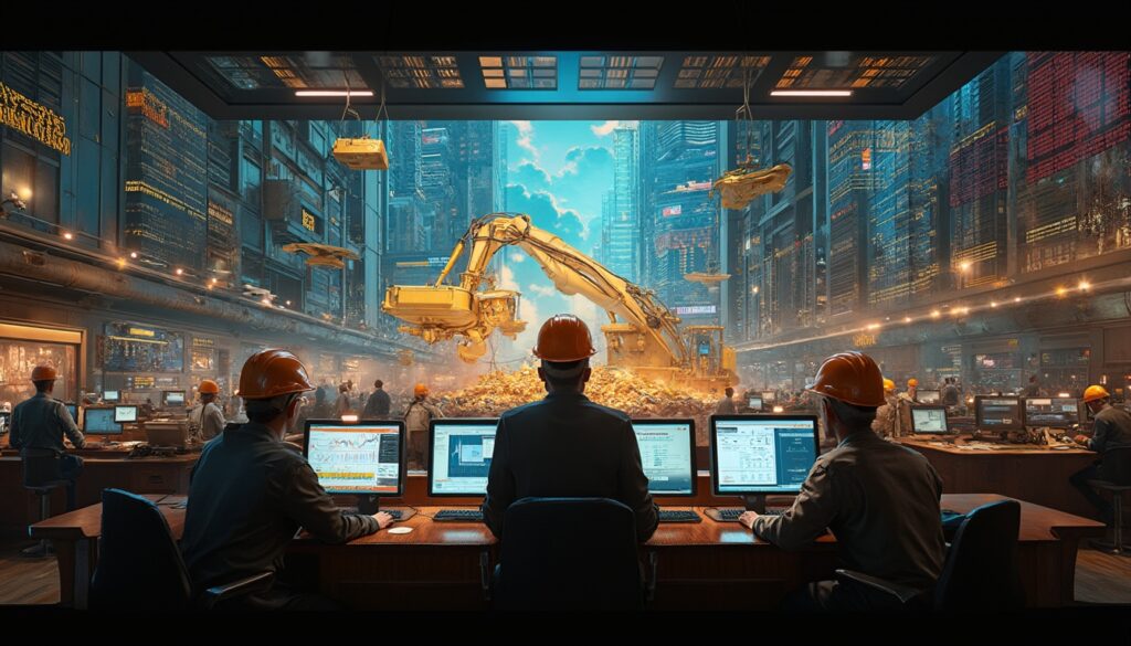 Futuristic stock market monitoring room.