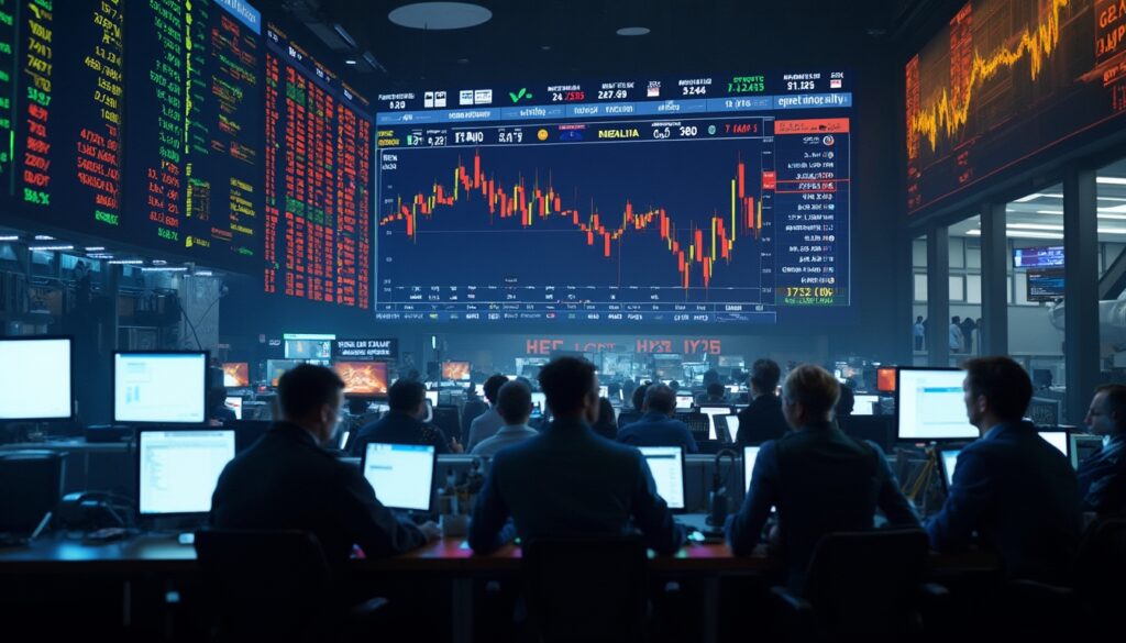 Stock market analysts working in a large, busy trading room with multiple screens and charts.