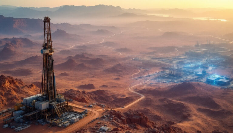 Ausquest Ltd-AQD-Aerial view of drilling rig in a vast desert landscape under a hazy orange sky.