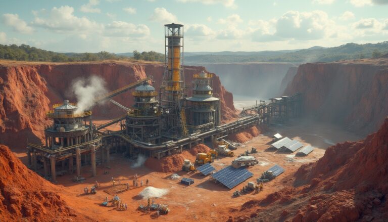 Industrial mining facility in a red canyon, with solar panels and machinery scattered around.