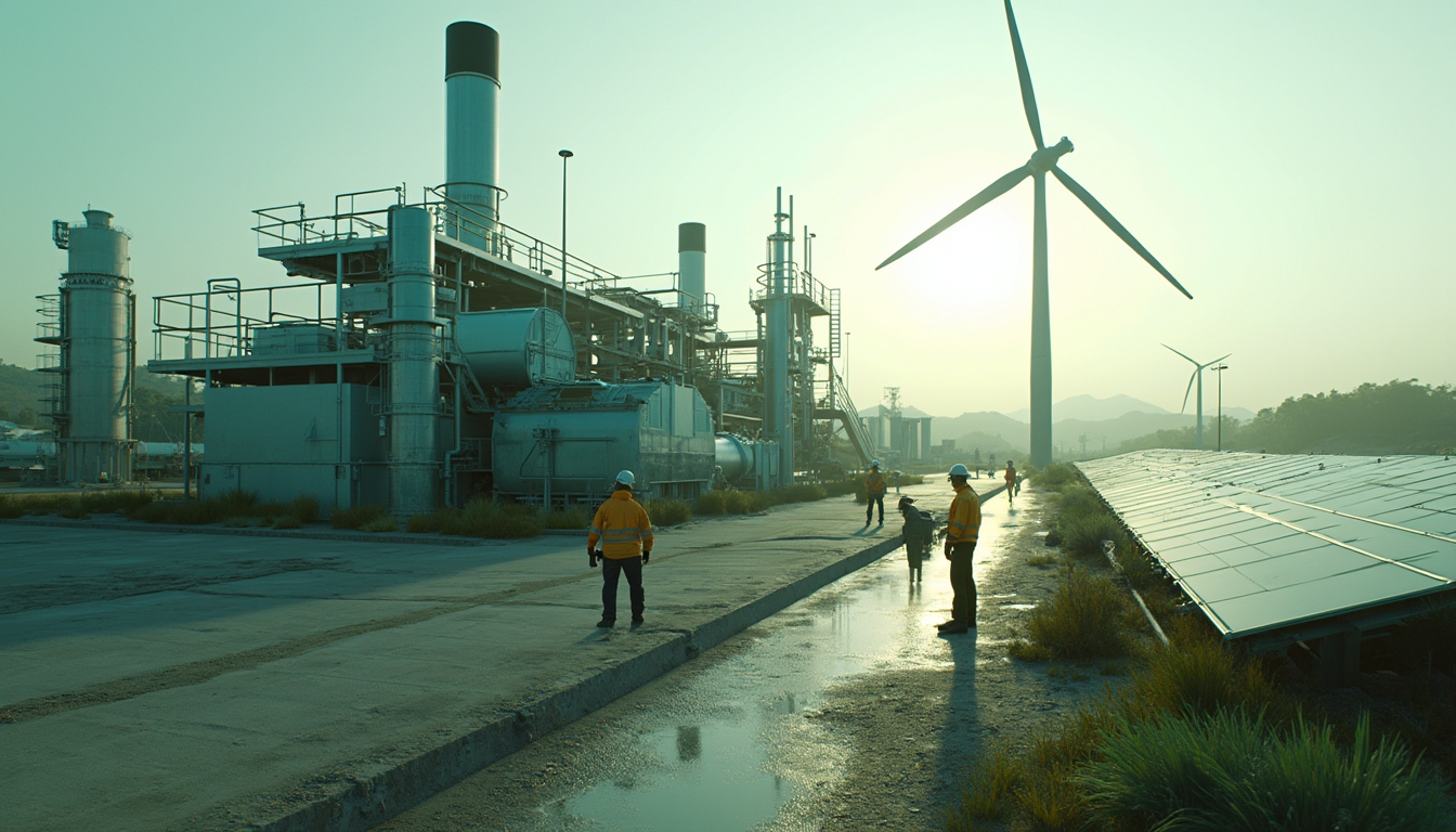 Industrial site with wind turbines and solar panels, workers in orange vests, mountains in background.