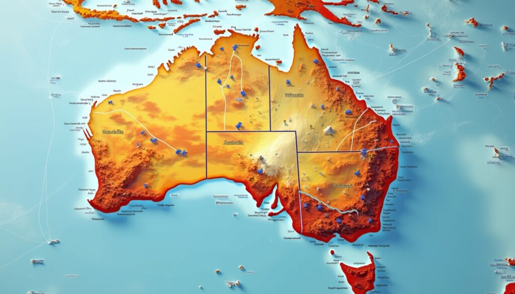 Colorful topographical map of Australia, highlighting terrain elevation and surrounding islands.