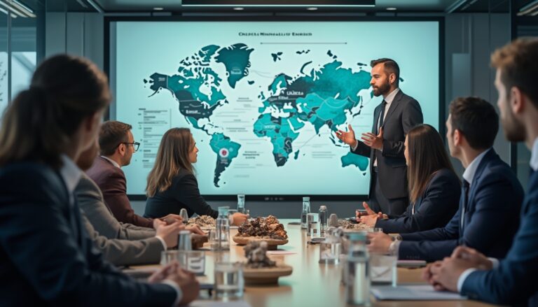 Business meeting with a world map presentation; people in suits listening attentively.