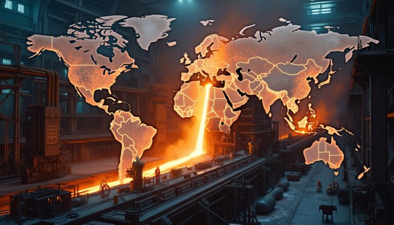 World map overlay on a fiery industrial factory scene.