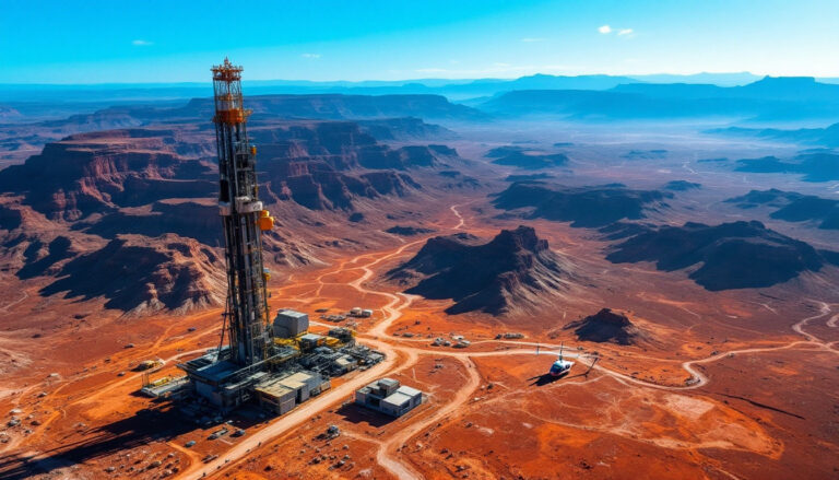 Australian Gold and Copper Ltd-AGC-Oil rig in a vast red desert landscape with distant mesas under a clear blue sky.