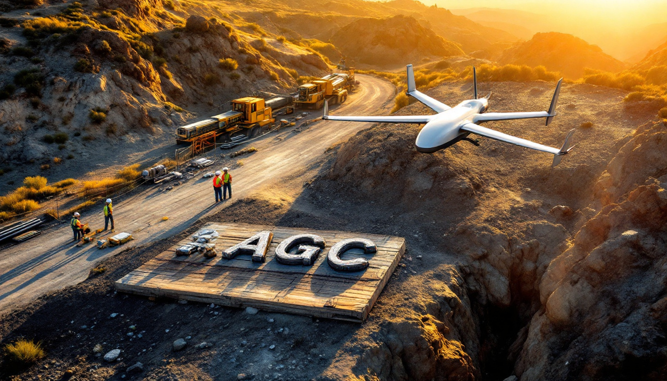 Australian Gold and Copper Ltd-AGC-Drone flying over a construction site in a rocky, sunlit landscape, workers in high-visibility vests.