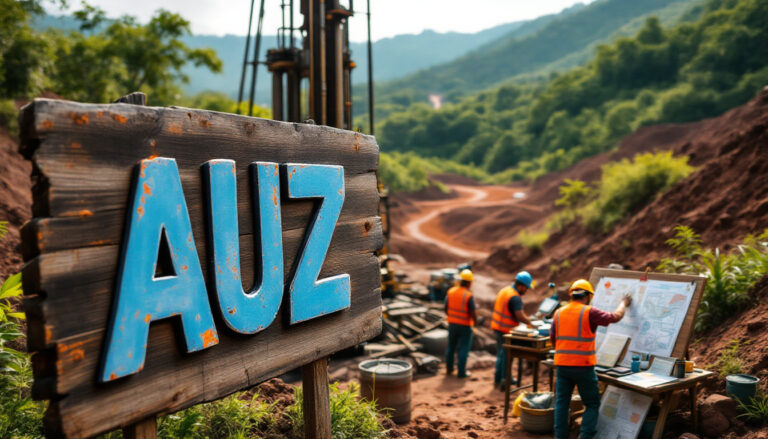 Australian Mines Ltd-AUZ-Wooden sign with "AUZ" beside workers and equipment in a lush, hilly construction site.