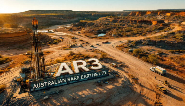 Australian Rare EARTHS Ltd-AR3-Desert landscape with a drilling rig labeled "AR3 Australian Rare Earths Ltd." in sunlight.