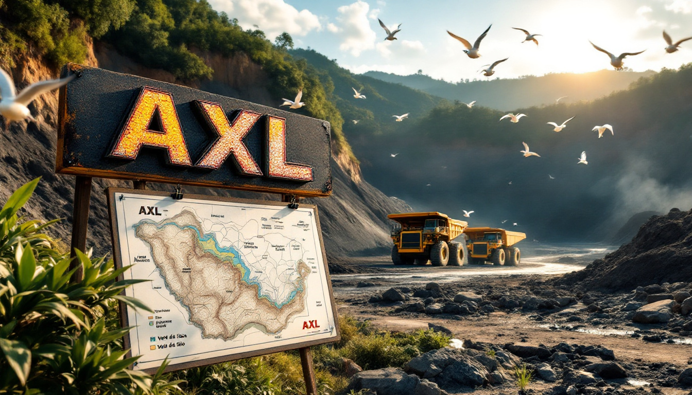 Axel Ree Ltd-AXL-Sign with "AXL" near dump trucks on a rocky road; mountains and birds in the background.