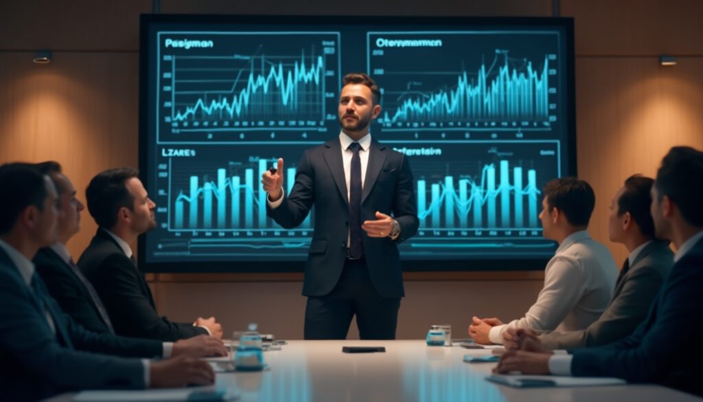 Man in a suit presenting graphs to a business meeting in a conference room.