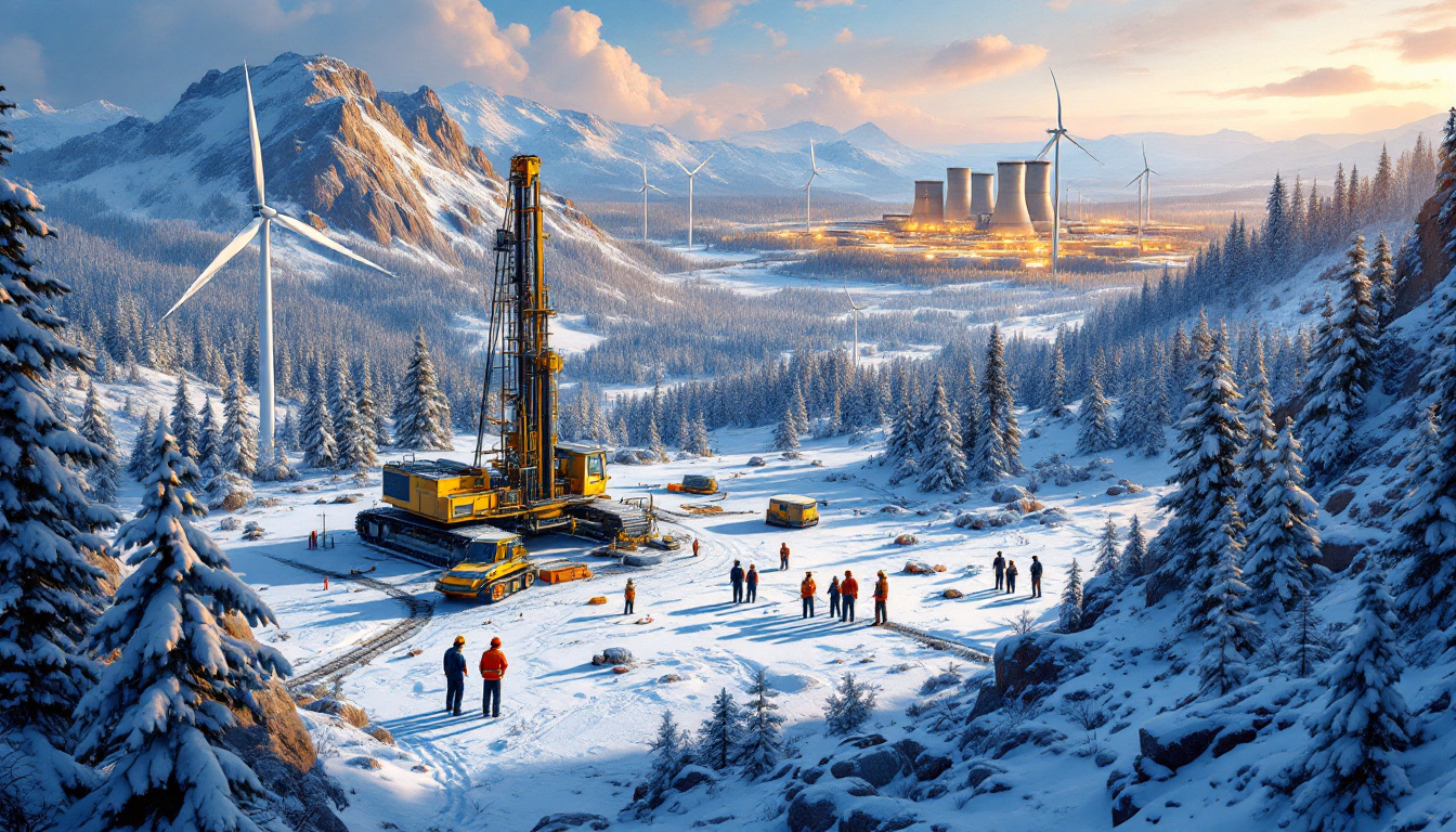 Basin Energy Ltd-BSN-Snowy landscape with wind turbines, industrial plant, and workers around heavy machinery in the foreground.