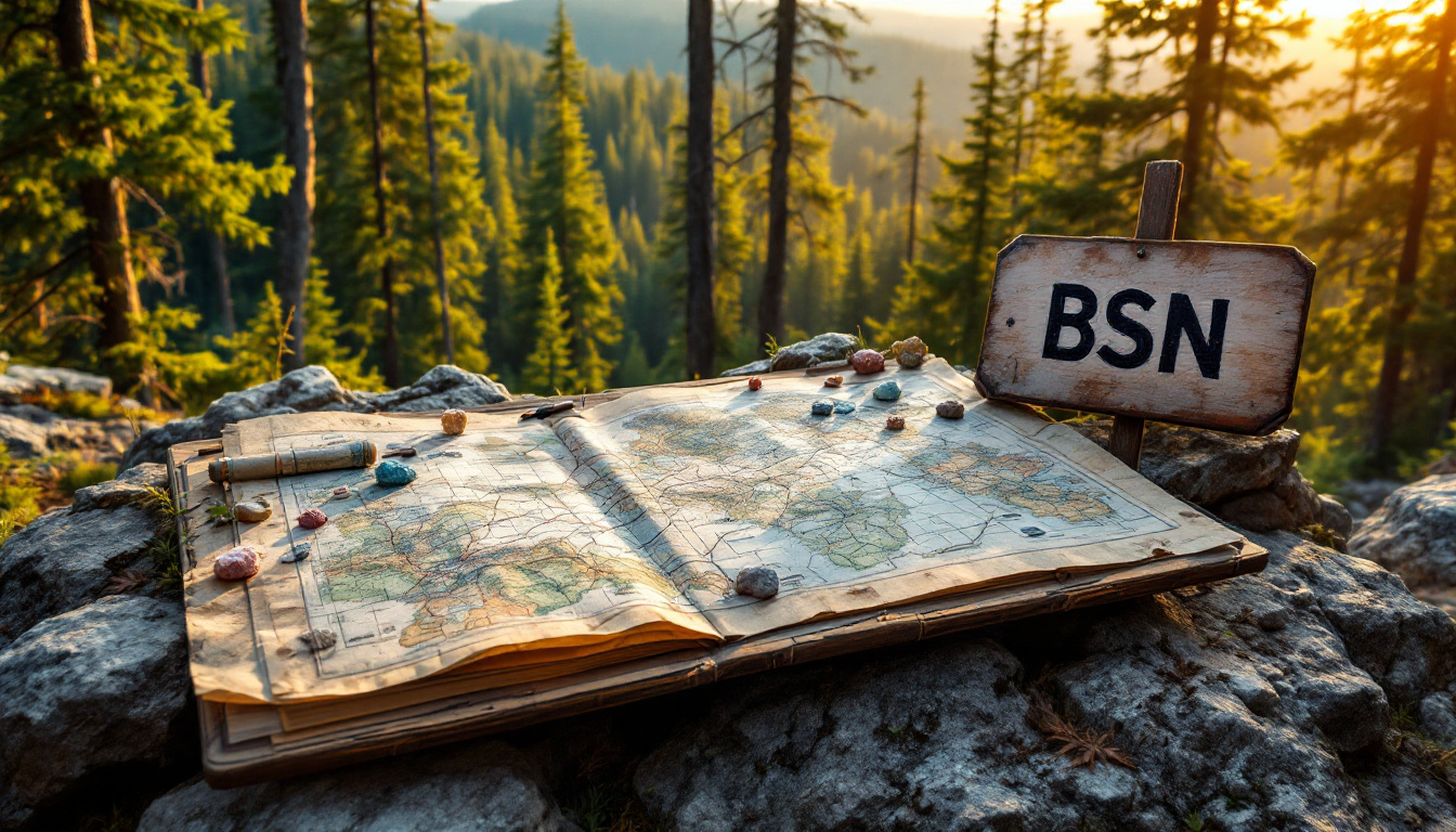 Basin Energy Ltd-BSN-Open map on rocks with colorful stones, wooden sign reading "BSN," and forest background.