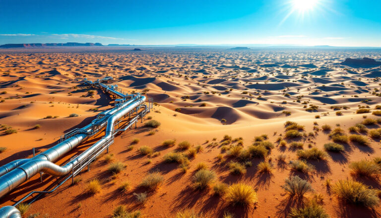 Bass Oil Ltd-BAS-Pipeline stretches across sunlit desert dunes under a clear blue sky.