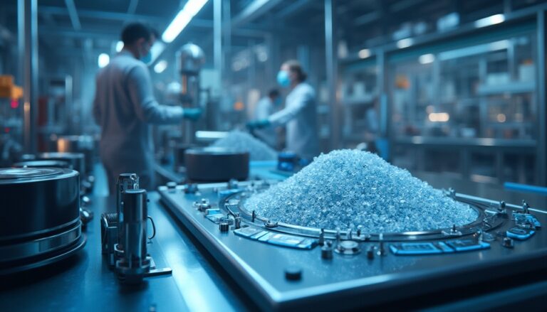 Lab workers in masks examine crystals on a futuristic table with blue lighting.