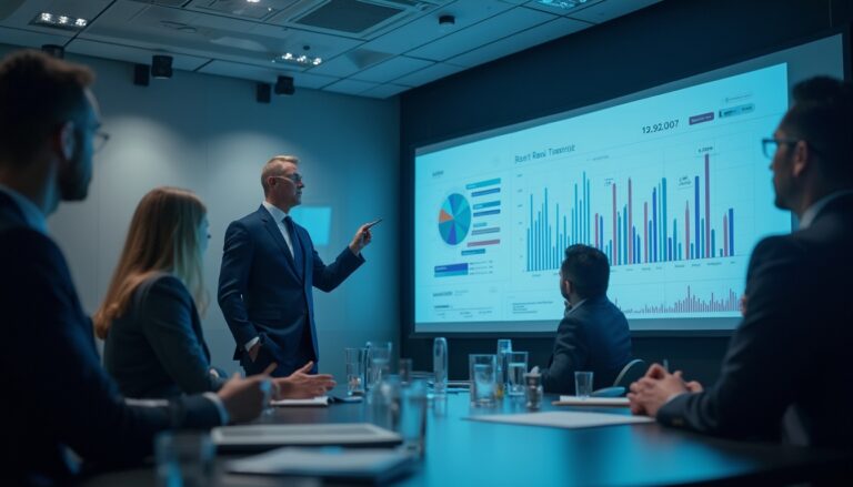 Business meeting with a presenter showing data charts on a screen to a group of professionals.