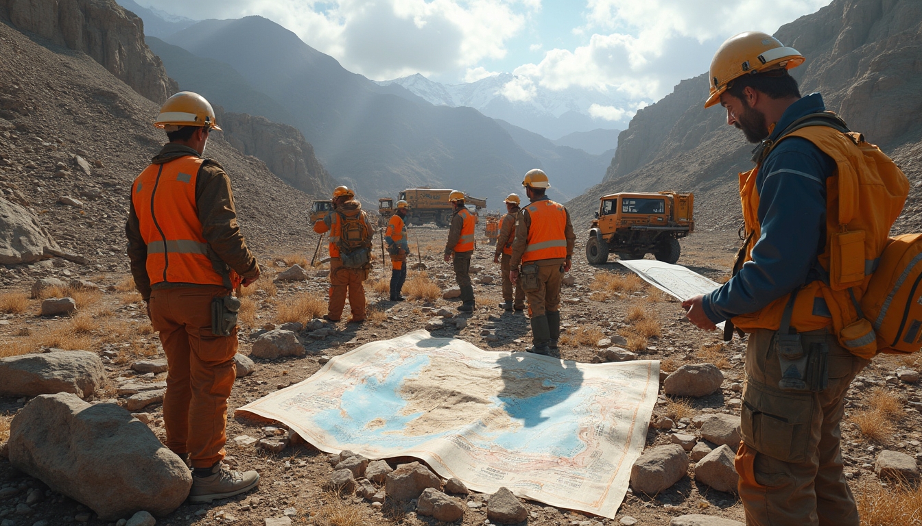 Exploration team examining map in Zambia.