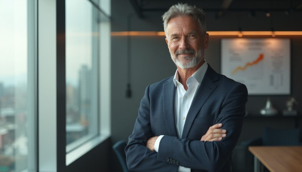 Man in a suit smiling confidently in a modern office with a window and chart in the background.