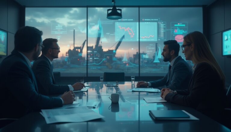 Four people in a conference room, discussing analytics with digital charts on a large screen.