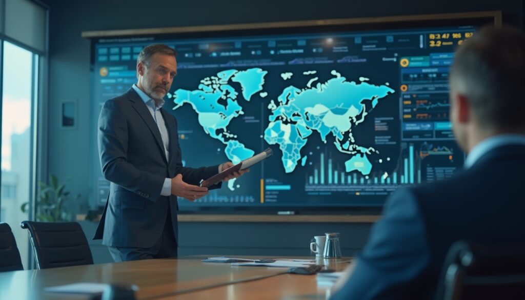 Business meeting with a world map presentation on a digital screen.