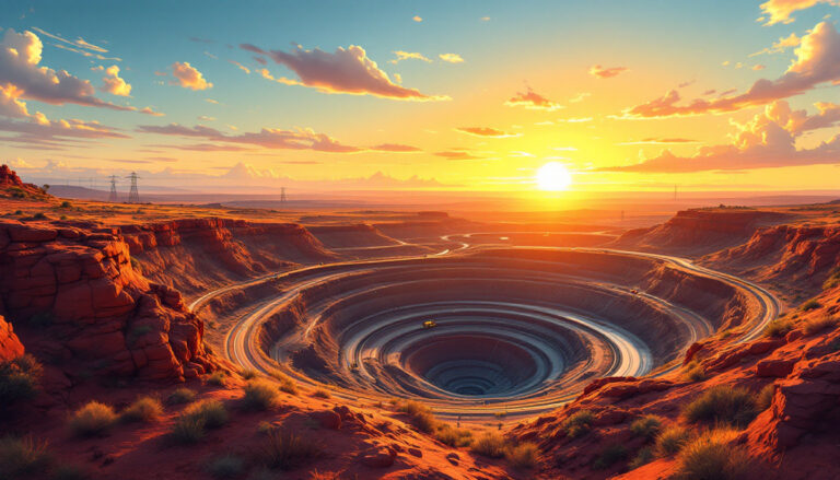 Black Canyon Ltd-BCA-Sunset over a vast, circular open-pit mine with red rock formations and distant power lines.