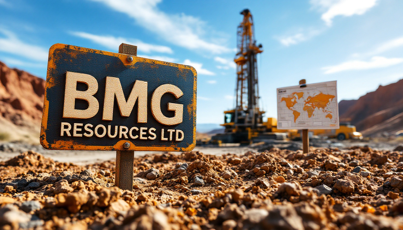 BMG Resources Ltd-BMG-BMG Resources Ltd sign in a desert with a drilling rig and map in the background.