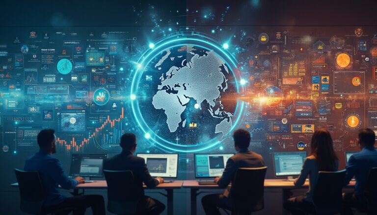 Team analyzes global data on multiple computer screens in a high-tech control room.