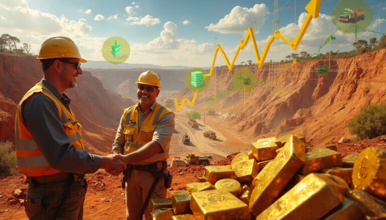 Two engineers handshake at a mining site, with gold bars and upward financial graphics in the foreground.