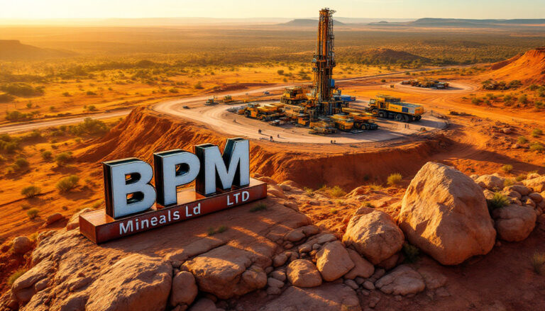 BPM Minerals Ltd-BPM-Desert landscape with a large mining operation and a sign reading "BPM Minerals Ltd."